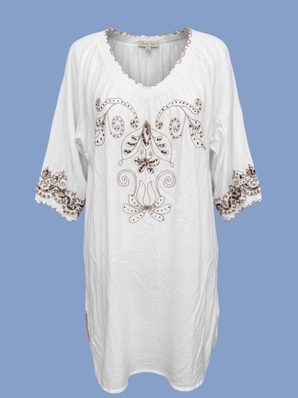 Krista Lee Gypsy Chic Peasant Style Embroidered Sequins V-Neck White Rayon Top L